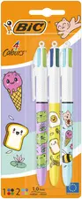 BIC Stylo à bille rétractable 4 Colours Kawaii, blister de 3
