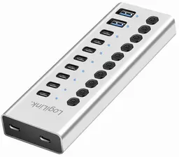 LogiLink Hub USB 3.2, 10 ports, interrupteurs on/off, argent