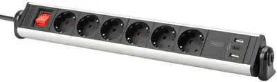 DIGITUS Office-Steckdosenleiste, 6-fach, 3x USB, Schalter