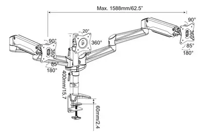 DIGITUS Bras support Ã©cran TFT/LCD avec vÃ©rin Ã  gaz, triple