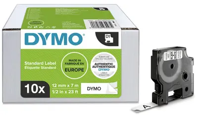 DYMO Cassette de ruban à étiqueter D1, 12mm x7 m, pack de 10