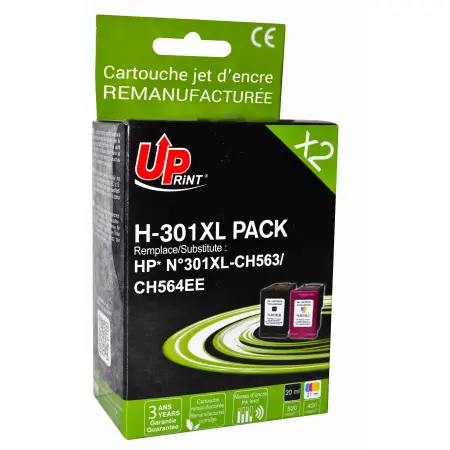 UPRINT PACK 2 CARTOUCHES REMANUFACTUREES HP 301XL-CH563EE/CH564EE BK/3CL