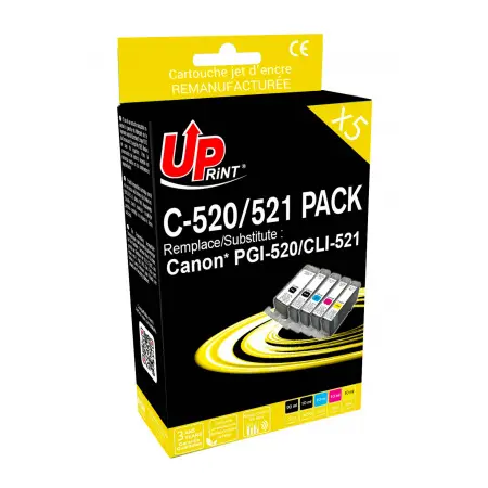 UPRINT PACK 5 CARTOUCHES REMA. CANON 520/521- PGI520/CLI521 BK/PBK/C/M/Y