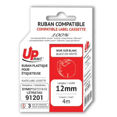 UPRINT RUBAN COMPATIBLE DYMO LETRATAG PLASTIC- 91201-S0721610 BLACK ON WHITE