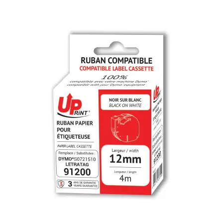 UPRINT RUBAN COMPATIBLE DYMO LETRATAG PAPIER- 91200-S0721510 BLACK ON WHITE