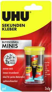 UHU Colle instantanée MINIS GEL, 3 tubes de 1 g