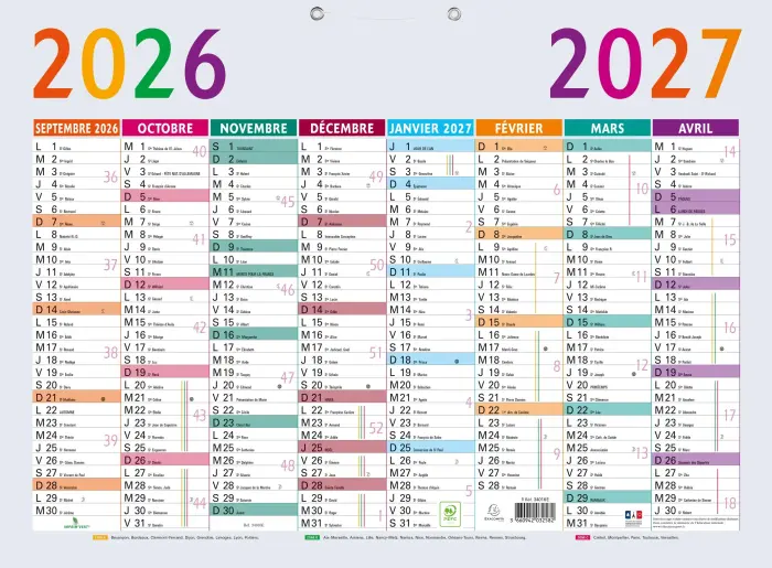 Calendrier Multicolore 55 x 40,5 cm Septembre 2026 à Décembre 2027 - Gris