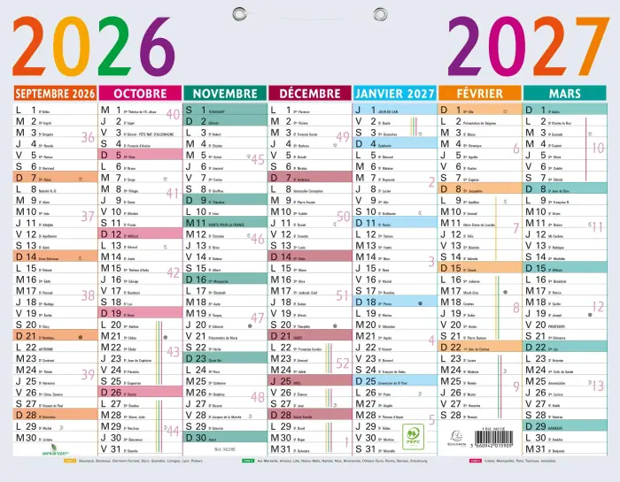 Calendrier Multicolore 43 x 33,5 cm Septembre 2026 à Septembre 2027 - Gris