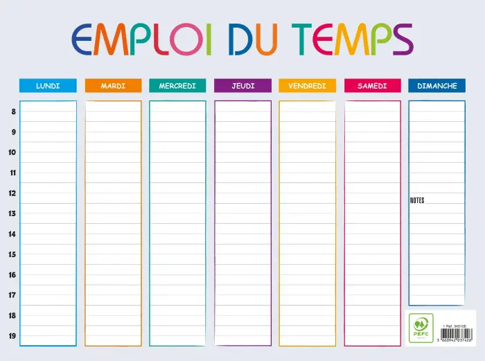 Emploi du temps Multicolore 29,5 x 22 cm - Visuel