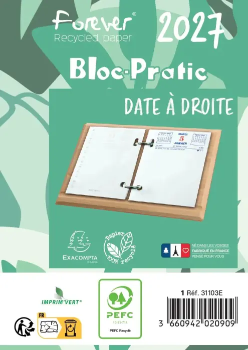 Bloc-pratic Forever recyclé date à droite 8,2 x 12 cm - 2027 - Vert