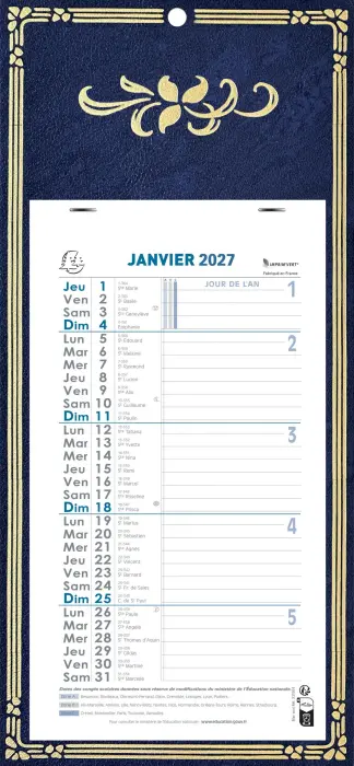 Calendrier mensuel Skytos avec feuillets détachables 15,5 x 28,5 cm sur support plaque imprimée 19 x 41 cm 2027 - Visuel aléatoire