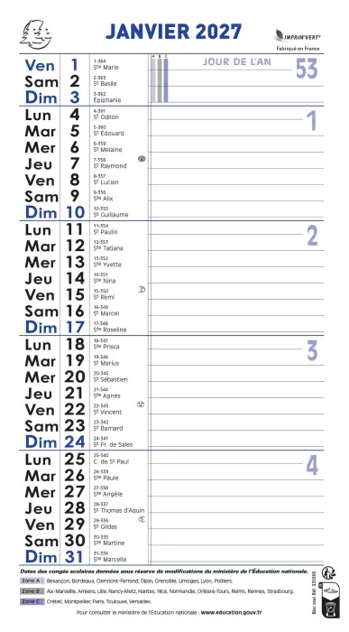 Calendrier Bloc mensuel avec feuillets détachables sans support 13 x 23 cm 2027