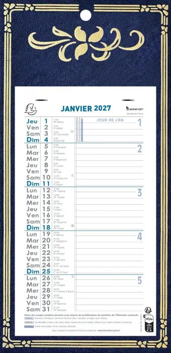 Calendrier mensuel Skytos avec feuillets détachables 13 x 23 cm support plaque imprimée 16 x 33 cm 2027 - Visuel aléatoire