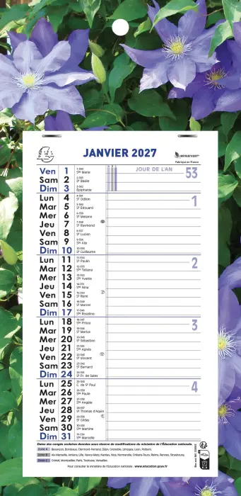Calendrier mensuel Nature avec feuillets détachables 13 x 23 cm sur support plaque imprimée 16 x 33 cm 2027 - Visuel aléatoire