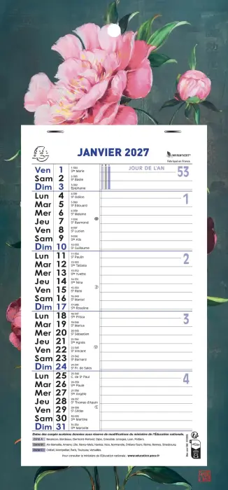 Calendrier mensuel Sophie Adde avec feuillets détachables 13 x 23 cm sur support plaque imprimée 16 x 33 cm 2027 Fleurs - Visuels assortis