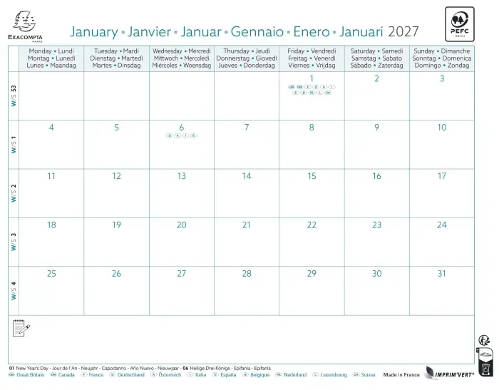 Calendrier Bloc mensuel EasyCal avec feuillets détachables 18 x 24 cm sans support 2027