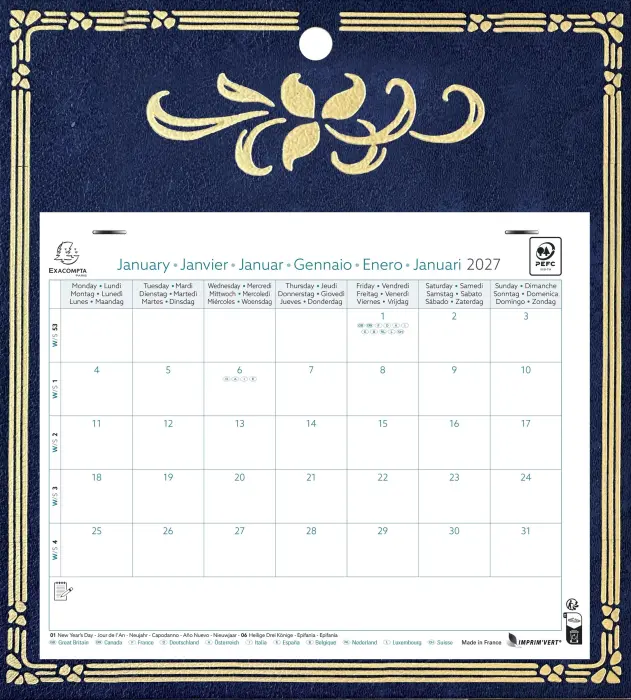 Calendrier mensuel EasyCal Skytos avec feuillets détachables 24 x 18 cm sur support plaque imprimée 27,5 x 30,5 cm 2027