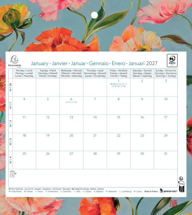Calendrier mensuel EasyCal Sophie Adde 24 x 18 cm agrafé sur plaque cartonnée imprimée 27,5 x 30,5 cm 2027 Fleurs