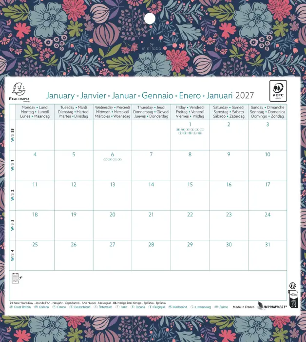Calendrier mensuel EasyCal Mini Labo avec feuillets détachables 24 x 18 cm agrafé sur plaque cartonnée imprimée 27,5 x 30,5 cm 2027