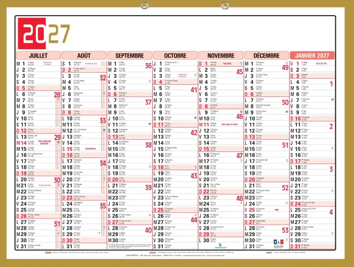 Calendrier Tricolore Neutre 55 x 40,5 cm Semestriel 2027 - rouge, noir et or