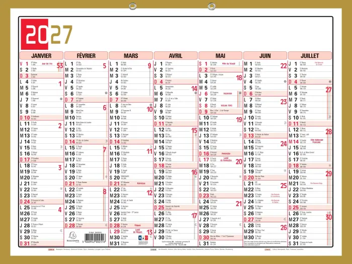 Calendrier Tricolore Neutre 43 x 33,5 cm Semestriel 2027 - rouge, noir et or