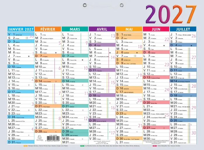 Calendrier Multicolore 43 x 33,5 cm Semestriel 2027 - Multicolore