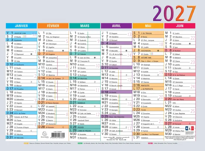 Calendrier Multicolore 22 x 29,5 cm Semestriel 2027 - Visuel