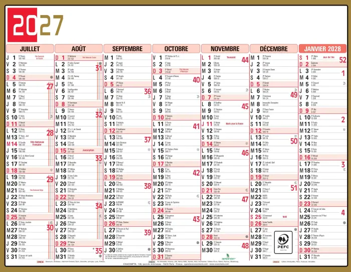 Calendrier Tricolore 22 x 29,5 cm Semestriel 2027 - Visuel