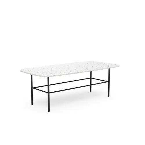 Table basse Margot rectangulaire L. 100 cm x P. 50 cm plateau récyclé PVC recyclé blanc moucheté pietement en métal lisse noir