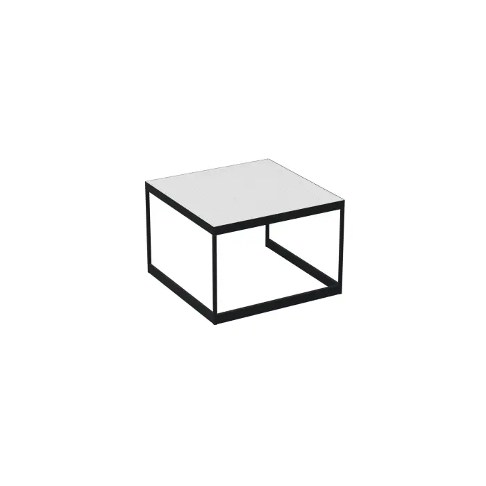 Table basse Suzy L. 43,5 cm x P. 43,5 cm plateau recyclé PVC recyclé blanc moucheté pieds métal structuré noir
