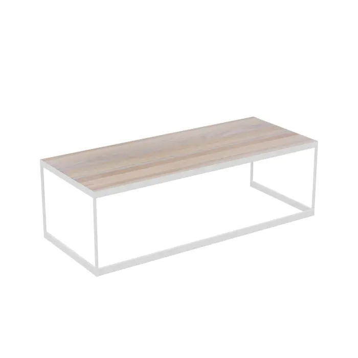 Table basse Suzy L. 110 cm x P. 45 cm plateau bois massif recyclé pieds métal structuré blanc