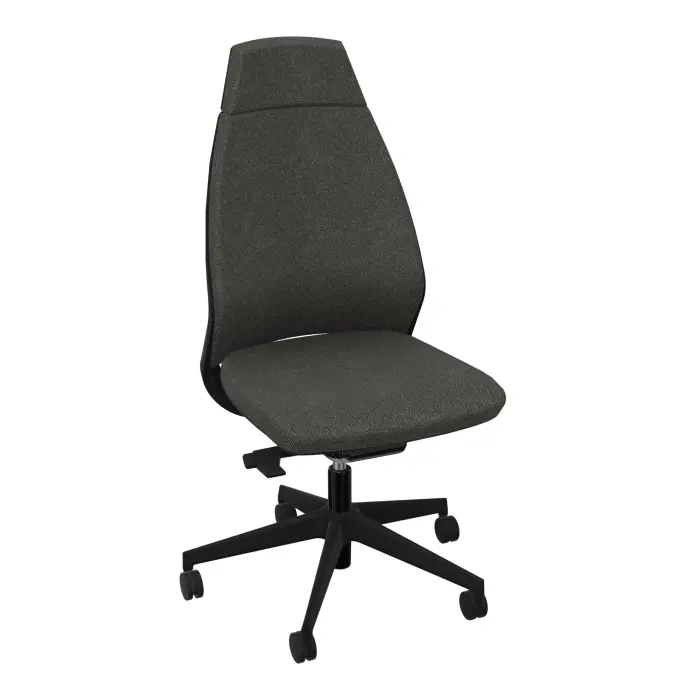 Siège Eliott autorégulé haut dossier tissu automobile gris anthracite strié coque noire piètement nylon noir roulettes sol souple 65mm tissu recyclé automobile