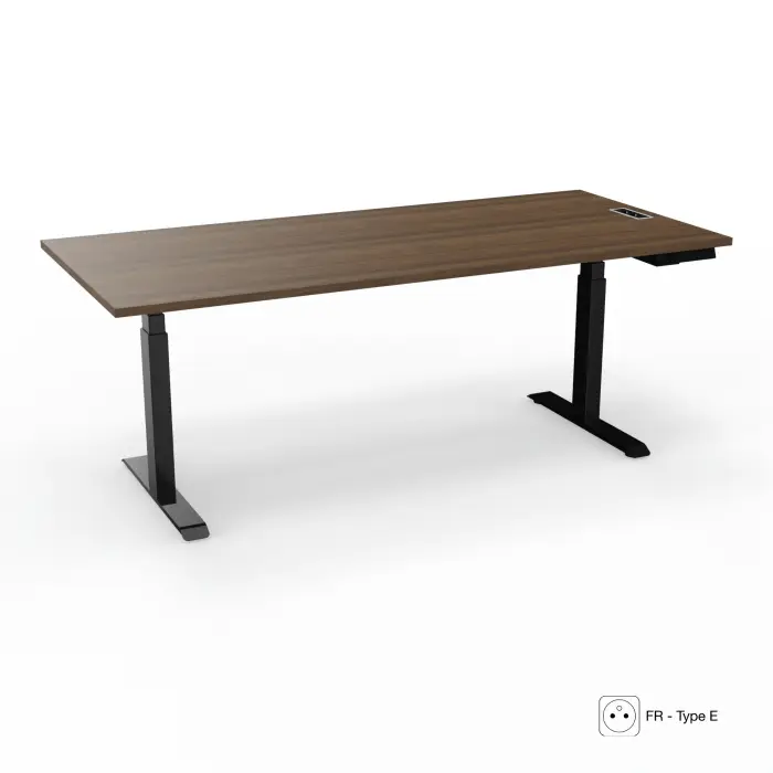 Axel 2 bureau direction L. 200 x P. 90 cm mélamine noyer brun Electrification intégrée FR type E - piètements métal lisse noir