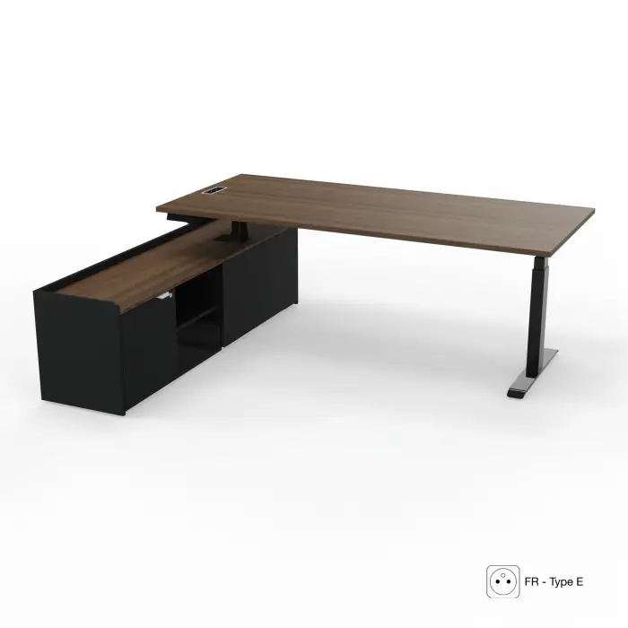 Axel 2 bureau direction L.200 x P. 90 cm mélamine noyer brun Electrification intégrée FR Type E avec meuble mélamine Noir/mélamine noyer brun 1 porte + 2 niches à gauche piètements métal lisse noir