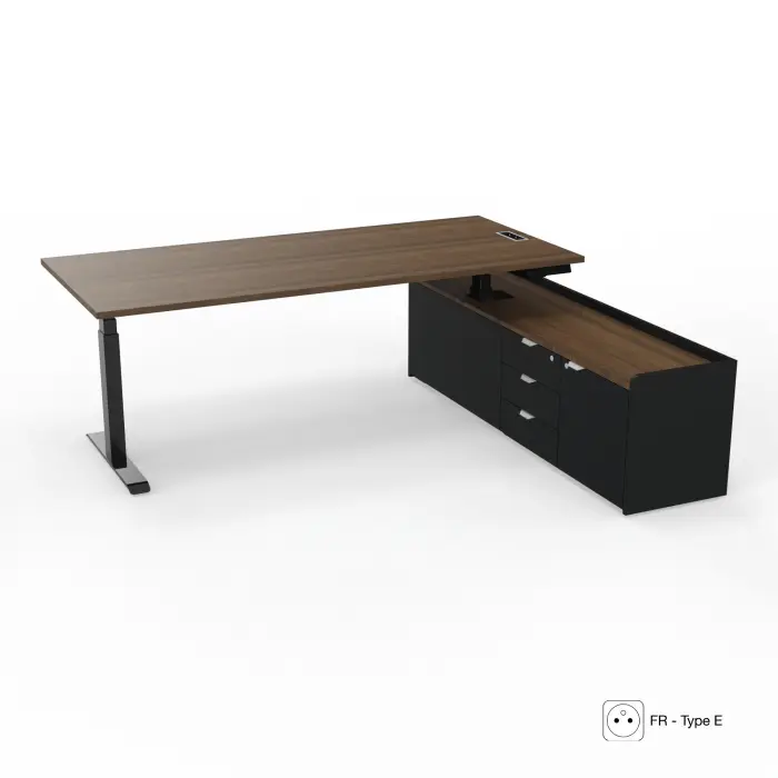 Axel 2 bureau direction L.200 x P. 90 cm mélamine noyer brun Electrification intégrée FR type E avec meuble mélamine Noir/mélamine noyer brun 1 porte + 3 tiroirs à droite piètements métal lisse noir