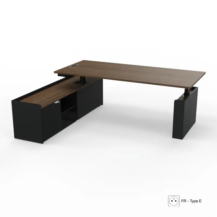 Axel 2 bureau direction L.200 x P. 90 cm mélamine noyer brun Electrification intégrée FR type E avec meuble mélamine Noir/mélamine noyer brun 1 porte + 2 niches à gauche piètements métal lisse noir+carter