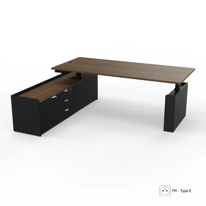 Axel 2 bureau direction L.200 x P. 90 cm mélamine noyer brun Electrification intégrée FR type E avec meuble mélamine Noir/mélamine noyer brun 1 porte + 3 tiroirs à gauche piètements métal lisse noir+carter
