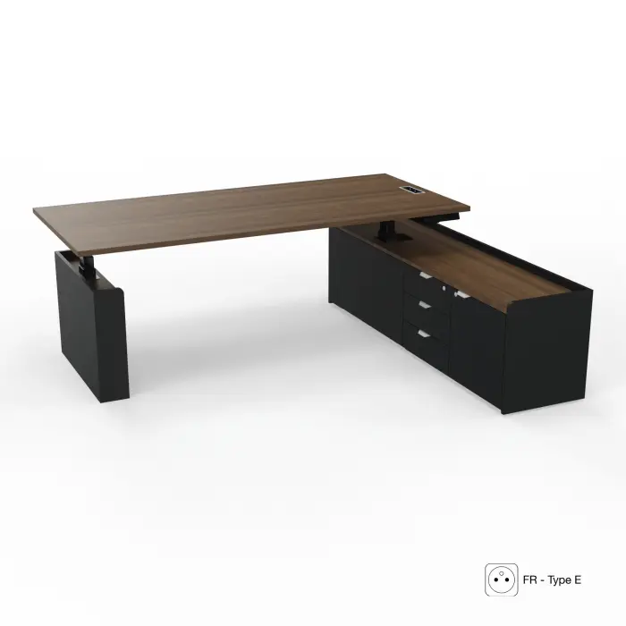Axel 2 bureau direction L.200 x P. 90 cm mélamine noyer brun Electrification intégrée FR type E avec meuble mélamine Noir/mélamine noyer brun 1 porte + 3 tiroirs à droite piètements métal lisse noir+carter
