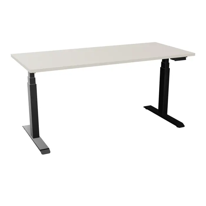 Bureau rectangulaire ERIN L. 160 x P. 70 cm x Ep 25 mm mélamine lin piètements I motorisés réglables en haut avec boîtier de cde memoires de position + USB A+C finition métal lisse noir - version EU