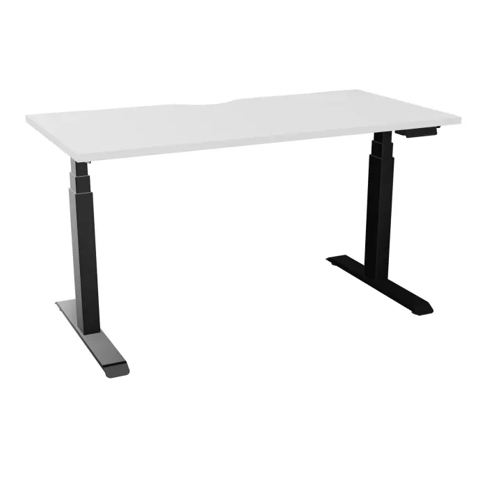 Bureau rectangulaire ERIN L. 140 x P. 70 cm x Ep 25 mm avec échancrure mélamine blanc neige piètements I motorisés réglables en haut avec boîtier de cde memoires de position + USB A+C finition métal lisse noir