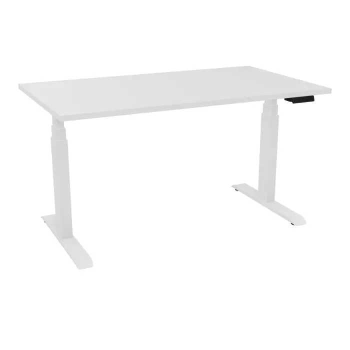 Bureau rectangulaire ERIN L. 140 x P. 80 cm x Ep 25 mm mélamine blanc neige piètements I motorisés réglables en haut avec boîtier de cde memoires de position + USB A+C finition métal lisse blanc - version EU