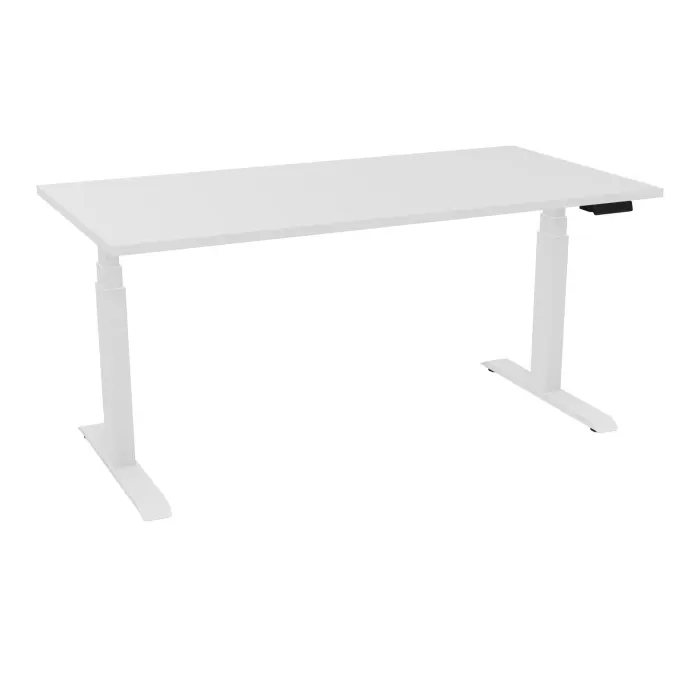 Bureau rectangulaire ERIN L. 160 x P. 80 cm x Ep 25 mm mélamine blanc neige piètements I motorisés réglables en haut avec boîtier de cde memoires de position + USB A+C finition métal lisse blanc - version EU