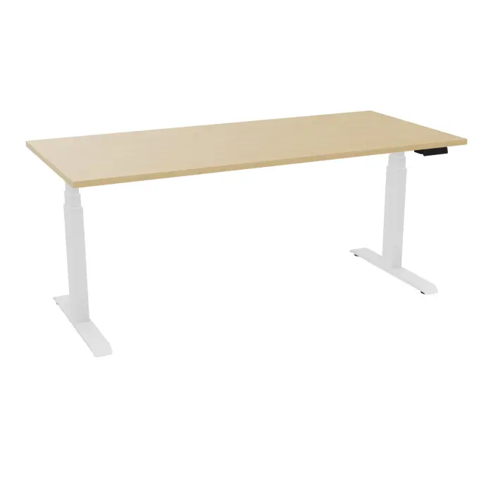 Bureau rectangulaire ERIN L. 180 x P. 80 cm x Ep 25 mm mélamine Chêne naturel piètements I motorisés réglables en haut avec boîtier de cde memoires de position + USB A+C finition métal lisse blanc - version EU
