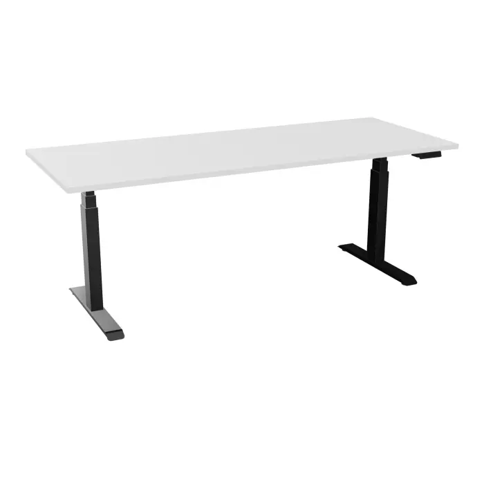 Bureau rectangulaire ERIN L. 200 x P. 80 cm x Ep 25 mm mélamine blanc neige piètements I motorisés réglables en haut avec boîtier de cde memoires de position + USB A+C finition métal lisse noir - version EU