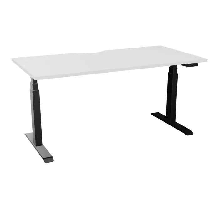 Bureau rectangulaire ERIN L. 160 x P. 80 cm x Ep 25 mm avec échancrure mélamine blanc neige piètements I motorisés réglables en haut avec boîtier de cde memoires de position + USB A+C finition métal lisse noir