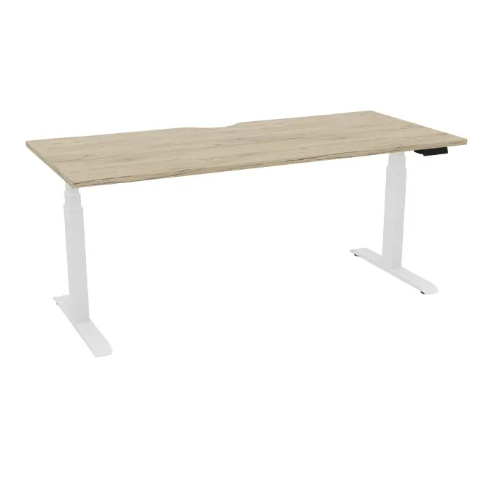 Bureau rectangulaire ERIN L. 180 x P. 80 cm x Ep 25 mm avec échancrure mélamine chêne Brunswick piètements I motorisés réglables en haut avec boîtier de cde memoires de position + USB A+C finition métal lisse b