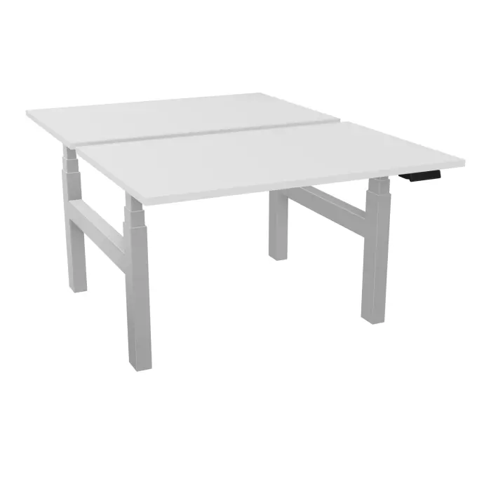 Bureaux bench ERIN rectangulaires L. 120 x P. 80 cm - plateau ep. 25 mm mélamine blanc neige - structure partagée métal lisse gris argent - réglable en haut par système motorisé - version EU
