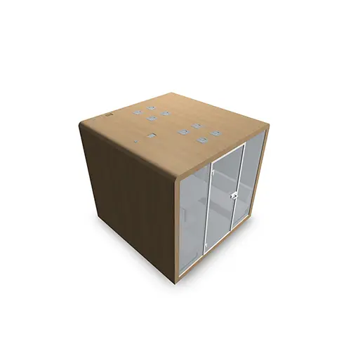 Cabine Silen couleur spécifique S4 avec ouverture à gauche + table L. 160 cm + 4 banquettes H. 77 cm - P. 2420 x L. 2400 x H. 2290 mm - électrification au choix