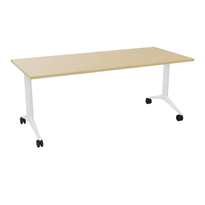 Table abattante Pure rectangulaire L. 180 x P. 80 x H. 73,5 cm mélamine Chêne naturel - piétement métal lisse blanc sur roulettes