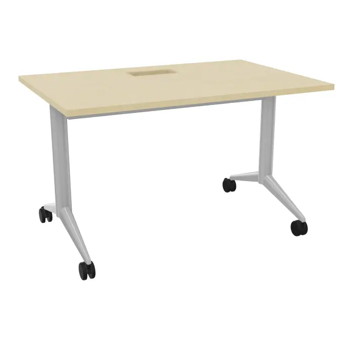 Table abattante Pure L. 120 cm x P. 80 cm découpe trappe mélamine pin maritime piètement métal lisse gris aluminium + goulotte